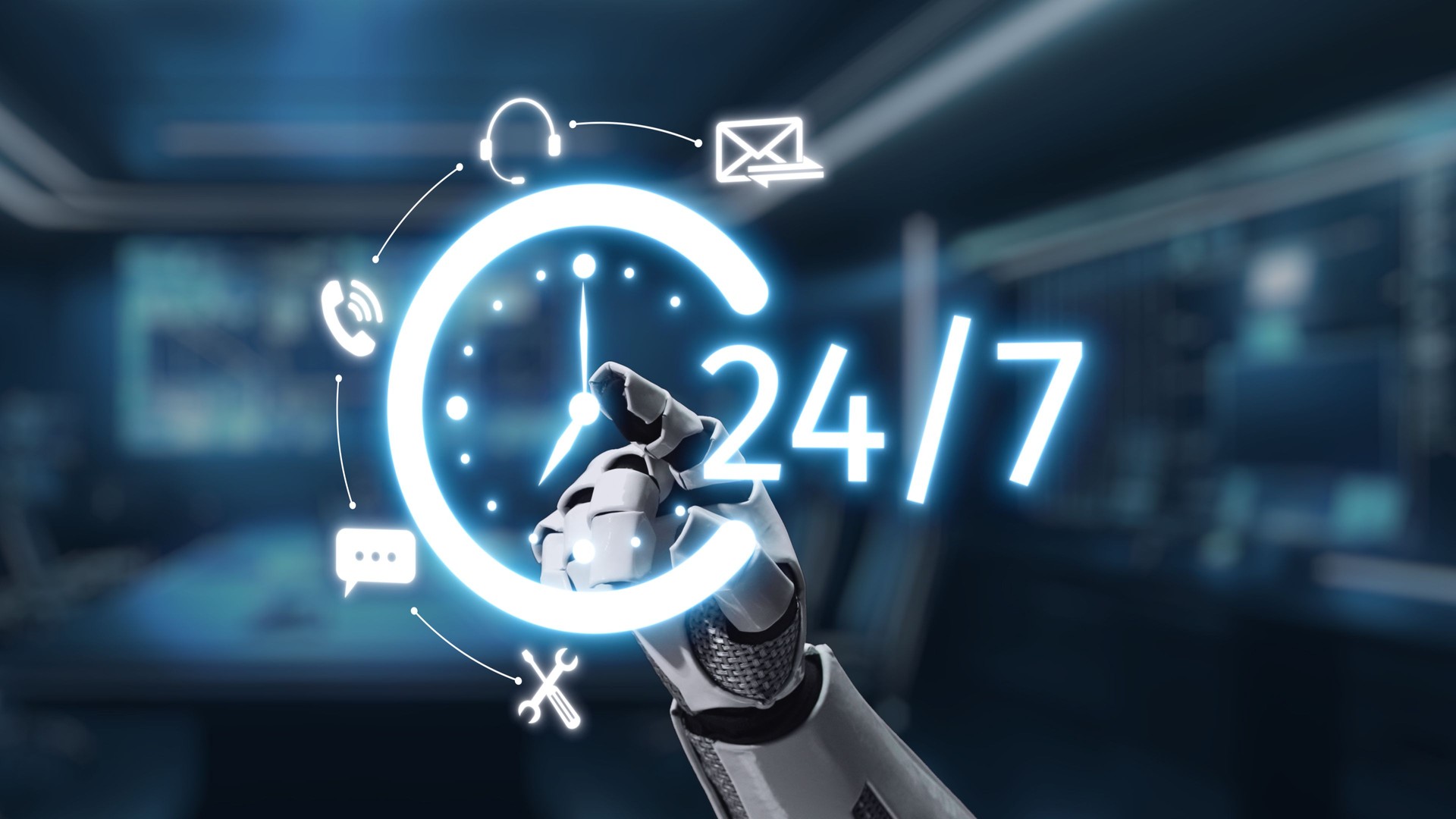 Futuristic robotic hand pointing at glowing clock symbolizing 24-hour customer service availability with communication icons in a modern office setting. Auvana